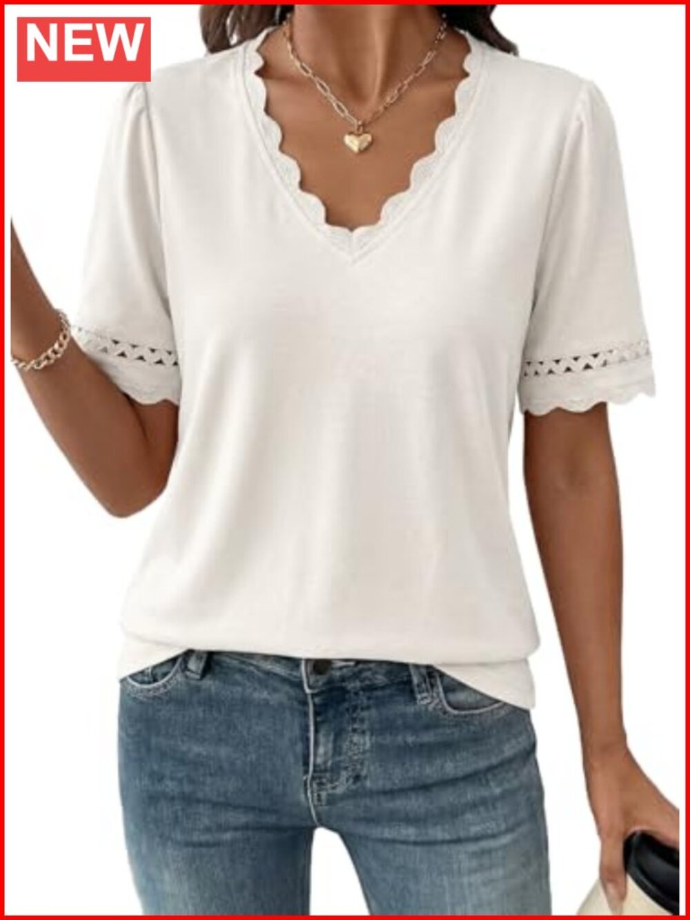 Lace Eyelet V-Neck Short Sleeve Blouse